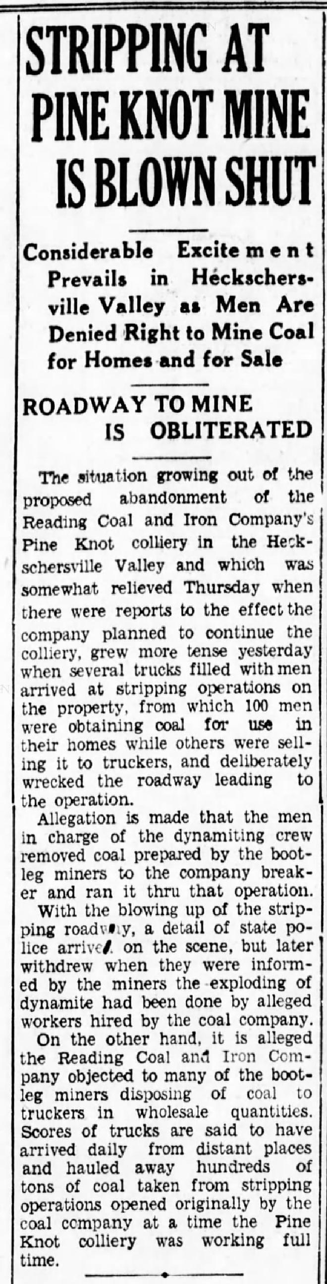 Stripping at Pine Knot Mine is Blown Shut: Roadway is Obliterated. Shamokin News-Dispatch, Mar 31, 1933